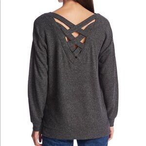 1. State Lattice V-Back Waffle Weave Sweater in Medium Heather Grey Small New